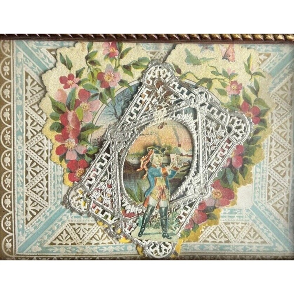 Antique 1800s Layered Embossed Paper &  Lace  Valentine Card Framed Collage